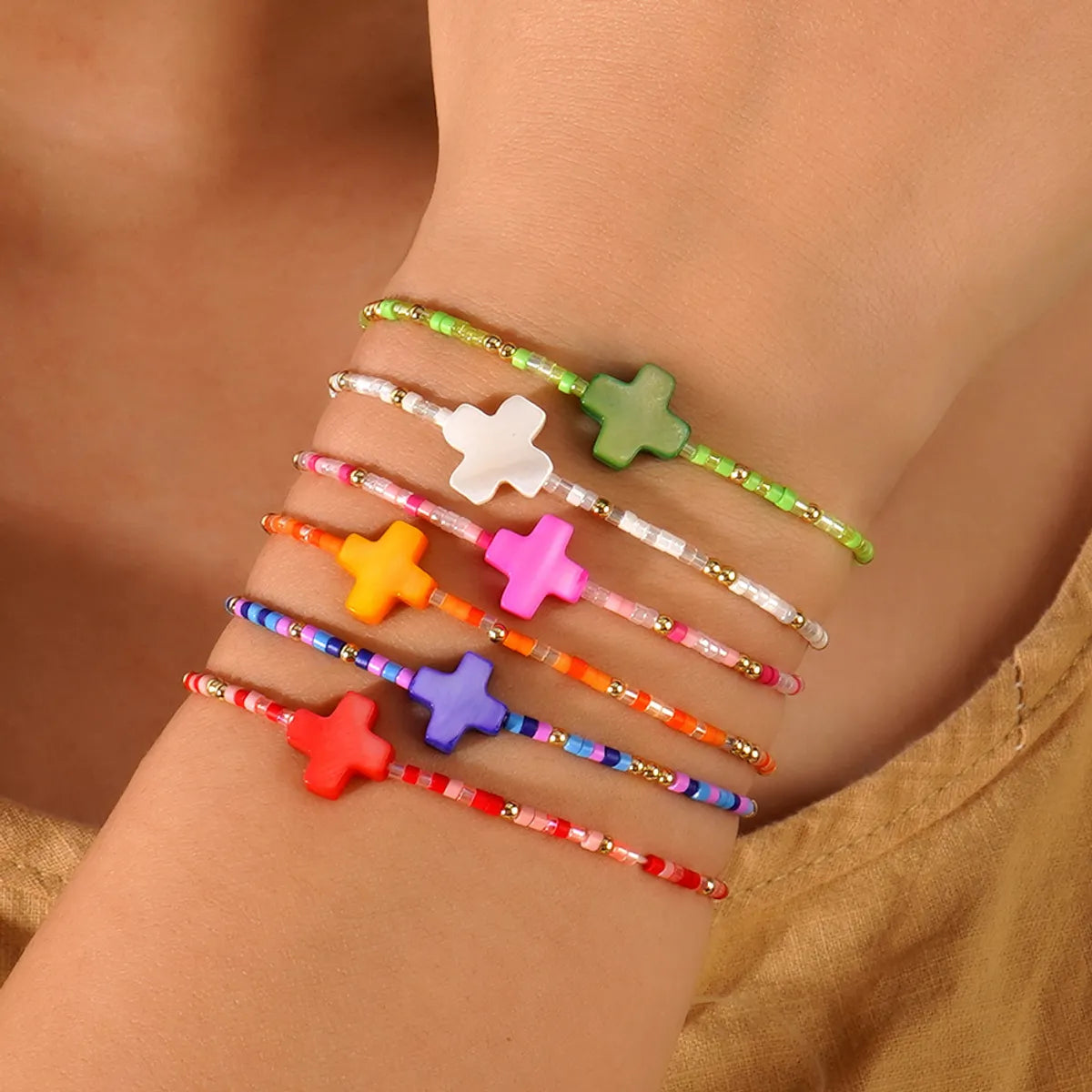 Vacation Cross Color Block Glass Copper Wholesale Bracelets