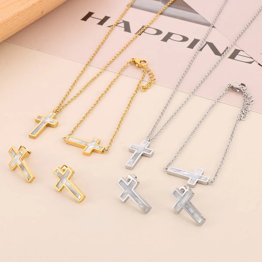 Vacation Cross Titanium Steel Plating Inlay Shell 18k Gold Plated Bracelets Earrings Necklace