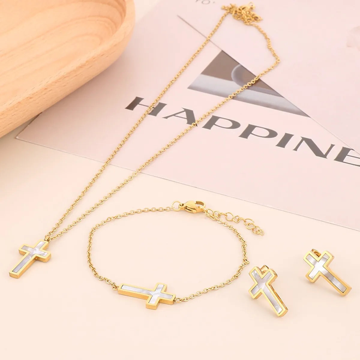 Vacation Cross Titanium Steel Plating Inlay Shell 18k Gold Plated Bracelets Earrings Necklace