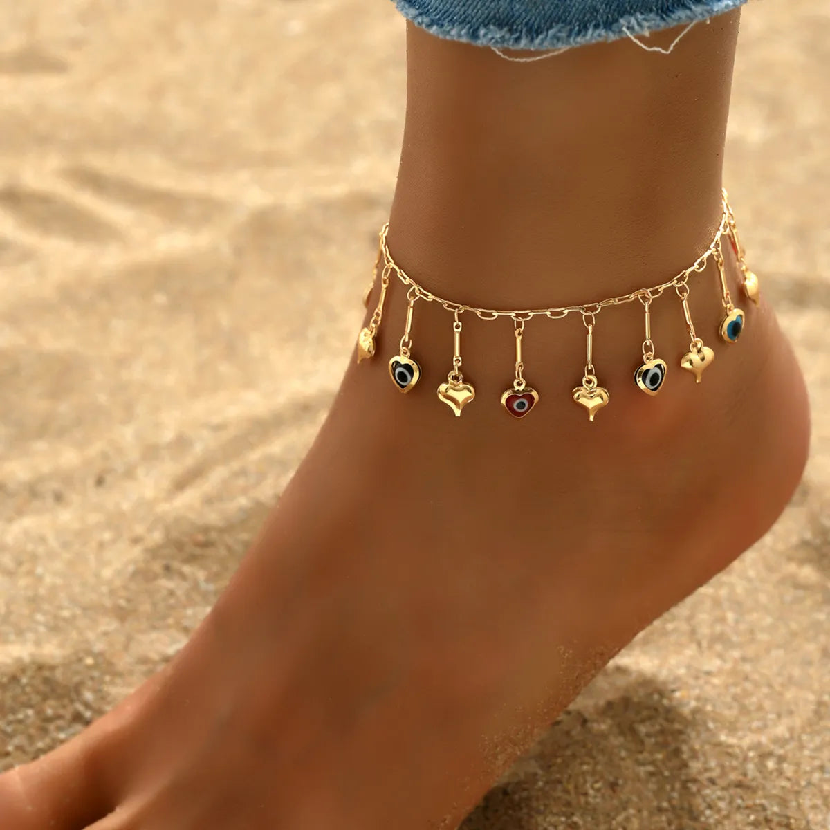 Vacation Devil'S Eye Heart Shape 18k Gold Plated Plastic Copper Wholesale Anklet