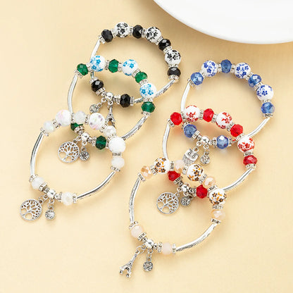 Vacation Eiffel Tower Tree Owl Artificial Crystal Alloy Ceramics Beaded Women's Bracelets 1 Piece