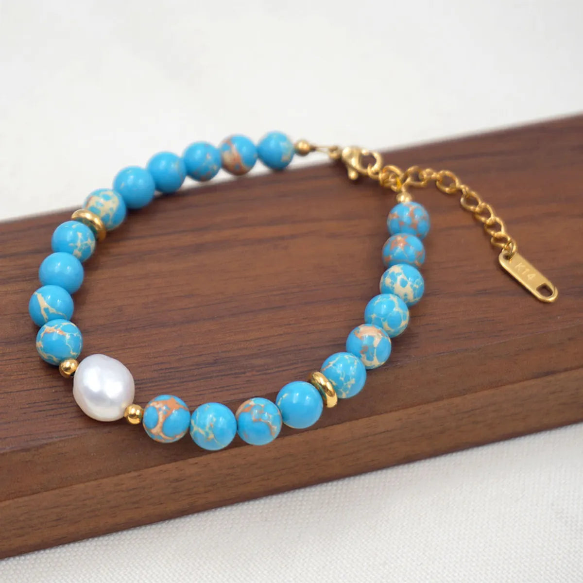 Vacation Ethnic Style Pastoral Geometric Turquoise Freshwater Pearl Titanium Steel Beaded Handmade Gold Plated Women'S Bracelets Necklace