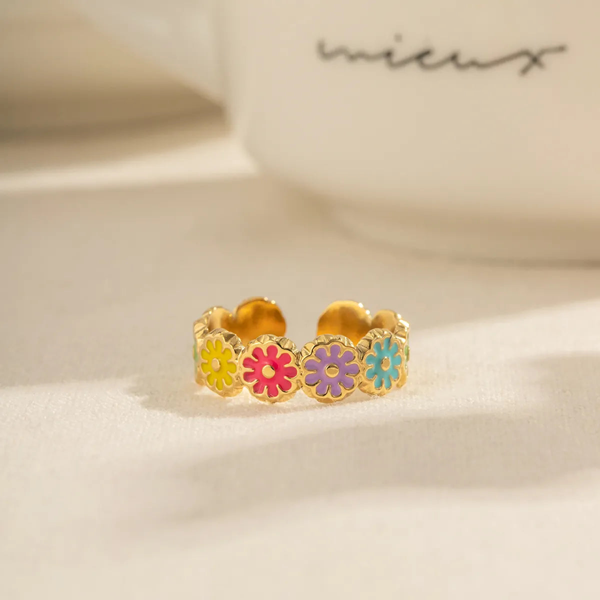 Vacation Flower Stainless Steel Enamel 18k Gold Plated Rings