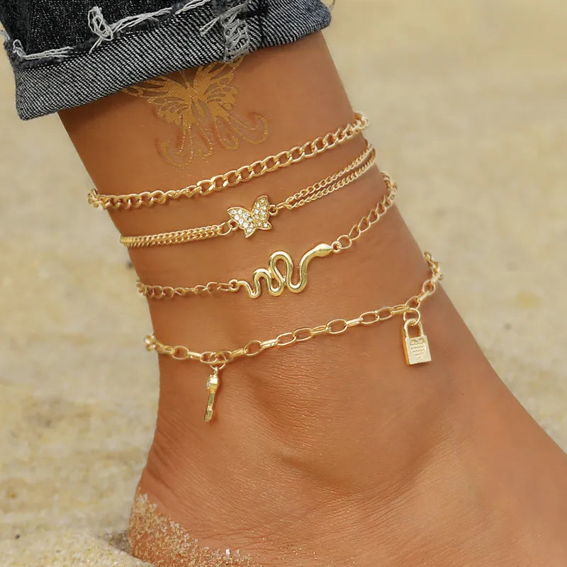 Vacation Letter Star Butterfly Rhinestones Imitation Pearl Alloy Wholesale Anklet