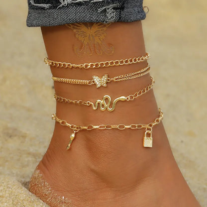 Vacation Letter Star Butterfly Rhinestones Imitation Pearl Alloy Wholesale Anklet