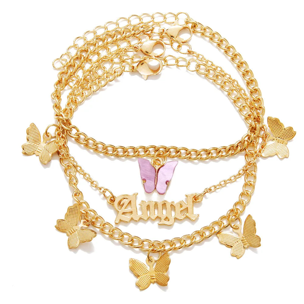 Vacation Letter Star Butterfly Rhinestones Imitation Pearl Alloy Wholesale Anklet