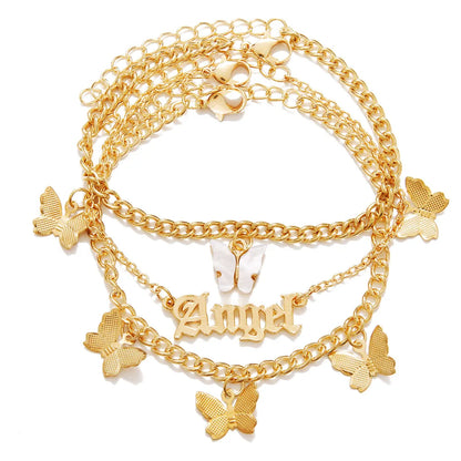 Vacation Letter Star Butterfly Rhinestones Imitation Pearl Alloy Wholesale Anklet