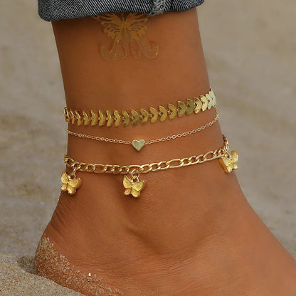 Vacation Letter Star Butterfly Rhinestones Imitation Pearl Alloy Wholesale Anklet