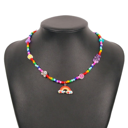 Vacation Little Bear Rainbow Heart Shape Alloy Seed Bead Soft Clay Inlay Resin Women's Pendant Necklace