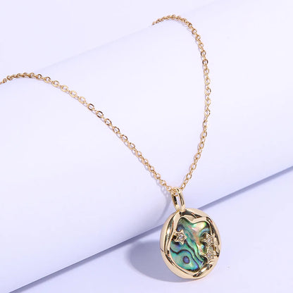 Vacation Marine Style Beach Star Waves Stainless Steel Copper Plating Inlay Shell Zircon 14k Gold Plated Pendant Necklace