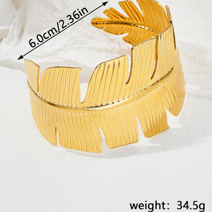 Vacation Modern Style Commute Leaf Flower Grain Stainless Steel Asymmetrical Metal Bangle