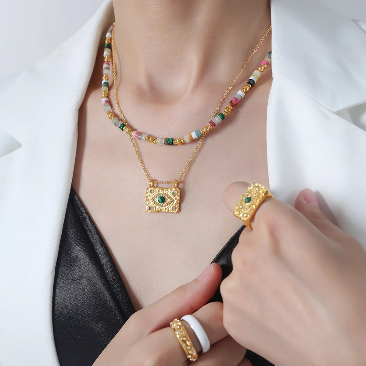 Vacation Modern Style Roman Style Multicolor Natural Stone Beaded Knitting Plating 18k Gold Plated Women's Necklace