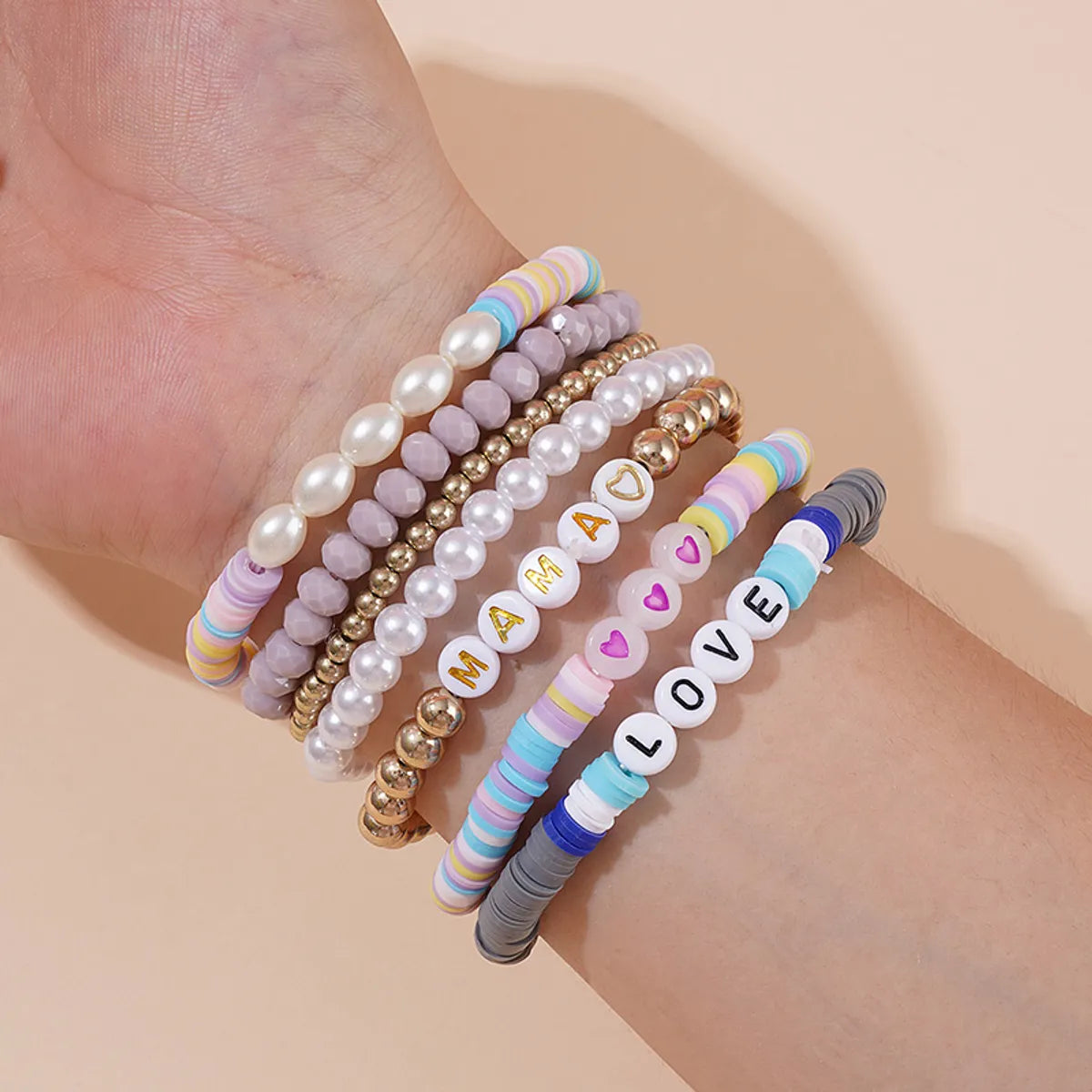 Vacation Multicolor Letter Plaid Gold Plated Imitation Pearl Soft Clay Wholesale Bracelets