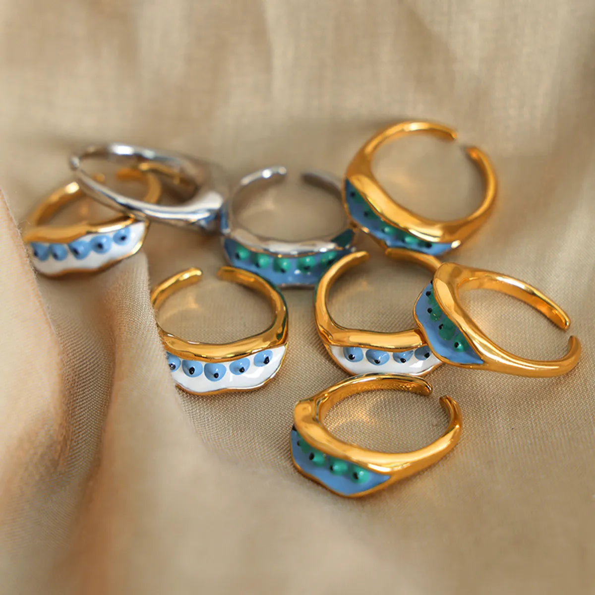 Vacation Pea Titanium Steel Enamel Plating 18k Gold Plated Open Rings