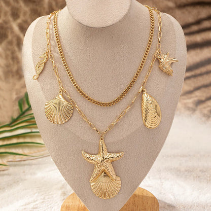 Vacation Romantic Beach Starfish Hippocampus Shell Alloy Metal Button Women'S Layered Necklaces