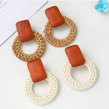 Vacation Round Rectangle Wood Rattan Hollow Out Women'S Earrings