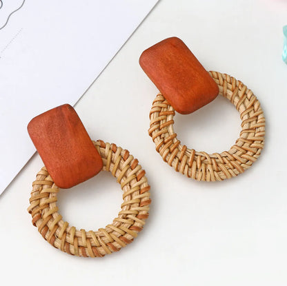 Vacation Round Rectangle Wood Rattan Hollow Out Women'S Earrings