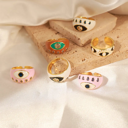 Vacation Simple Style Eye Copper Enamel Plating Inlay Zircon 18k Gold Plated Open Rings