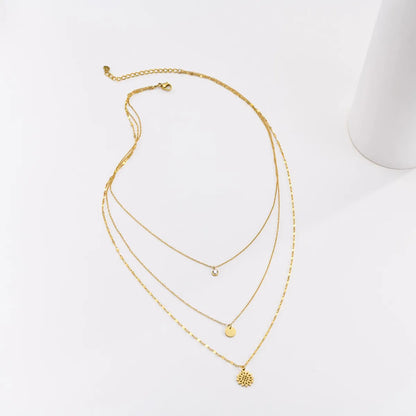 Vacation Simple Style Sunflower Stainless Steel Plating Inlay Zircon Gold Plated Three Layer Necklace