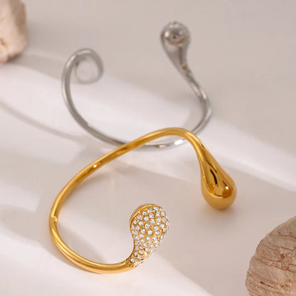 Vacation Simple Style Water Droplets 316 Stainless Steel  18K Gold Plated Rhinestones Bangle In Bulk