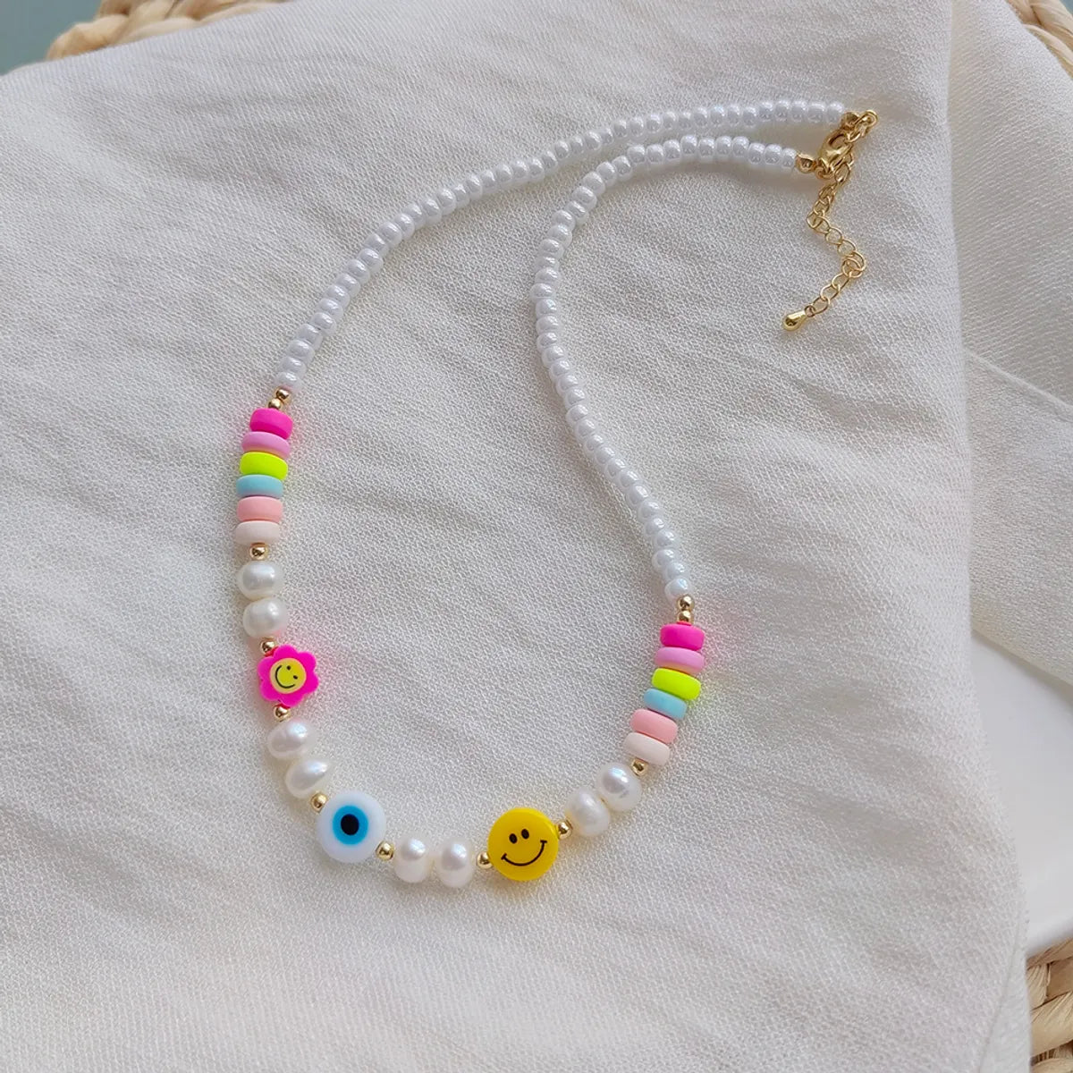 Vacation Smiley Face Flower Resin Freshwater Pearl Copper Necklace In Bulk