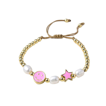 Vacation Star Smiley Face Pearl Metal Beaded Knitting Bracelets 1 Piece