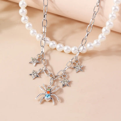 Vacation Star Spider Artificial Pearl Zinc Alloy Inlay Rhinestones Women'S Double Layer Necklaces