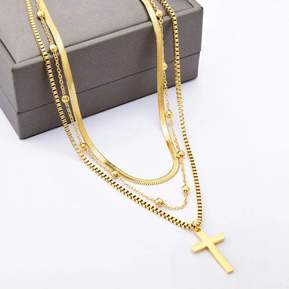 Vacation Streetwear Cross Titanium Steel Layered Necklaces In Bulk