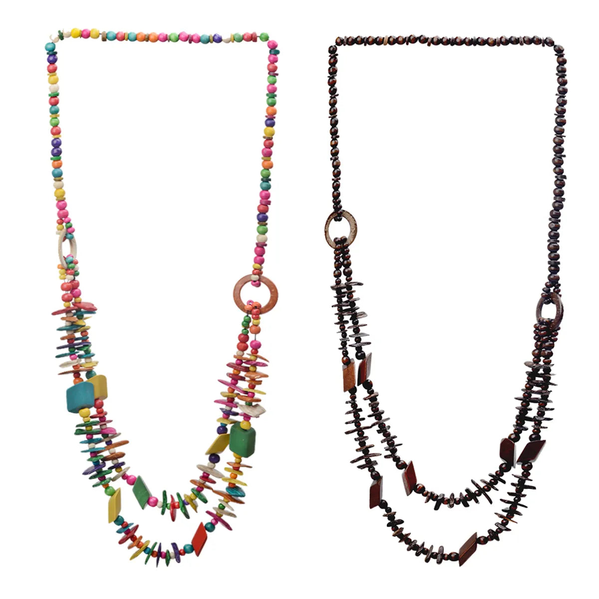 Vacation Sweet Color Block Wooden Beads Coconut Shell Charcoal Beaded Women'S Layered Necklaces