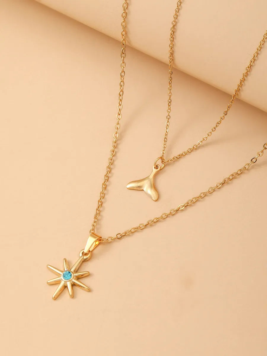 Vacation Sweet Commute Star Fish Tail Stainless Steel Titanium Steel Plating Inlay Zircon 18k Gold Plated Double Layer Necklaces