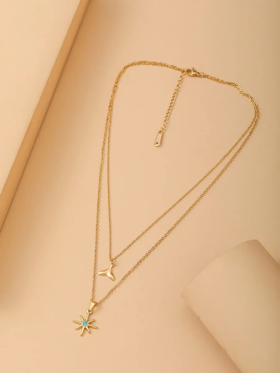 Vacation Sweet Commute Star Fish Tail Stainless Steel Titanium Steel Plating Inlay Zircon 18k Gold Plated Double Layer Necklaces