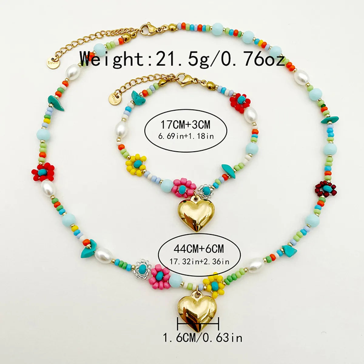 Vacation Sweet Heart Shape Flower Stainless Steel Beaded Pearl Plating Gold Plated Bracelets Necklace