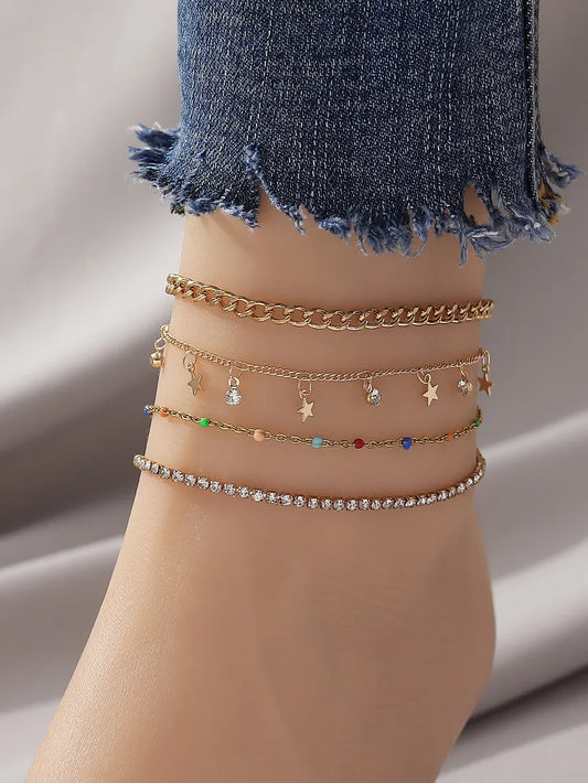 Vacation Sweet Star Alloy Tassel Inlay Rhinestones Women's Anklet