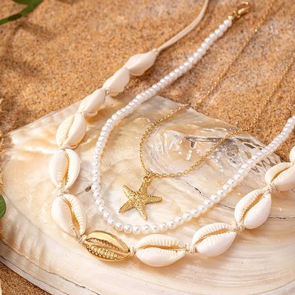 Vacation Tropical Starfish Plastic Shell Zinc Alloy Beaded Plating 14K Gold Plated Women'S Three Layer Necklace