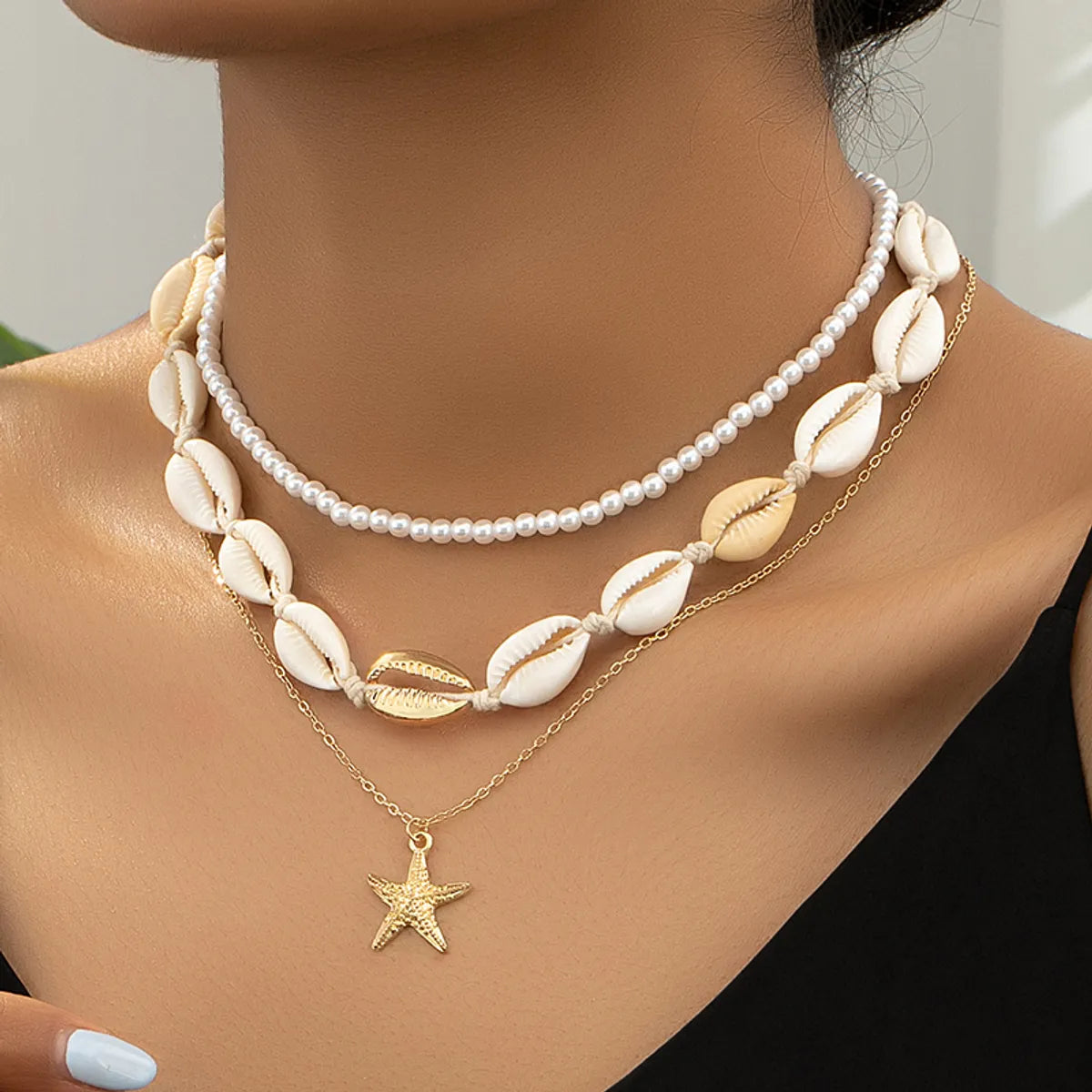 Vacation Tropical Starfish Plastic Shell Zinc Alloy Beaded Plating 14K Gold Plated Women'S Three Layer Necklace