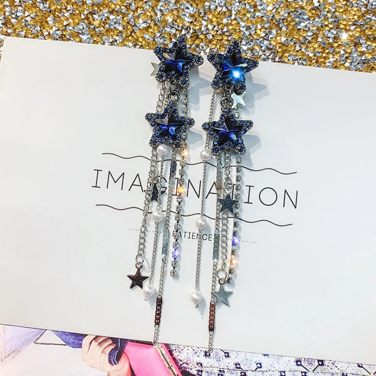 Vintage Exaggerated Long Tassel Five-pointed Star Rhinestone Earrings Wholesale