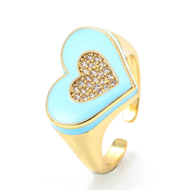 Vintage Oil Drop Opening Adjustable Wide Face Heart Shape Inlaid Zircon Copper Ring Wholesale Gooddiy