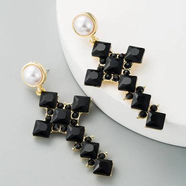 Vintage Pearl Earrings Female Alloy Diamond Cross Long Jewelry