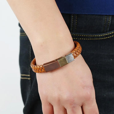 Vintage Stainless Steel Leather Woven Bracelet Nhpk142795