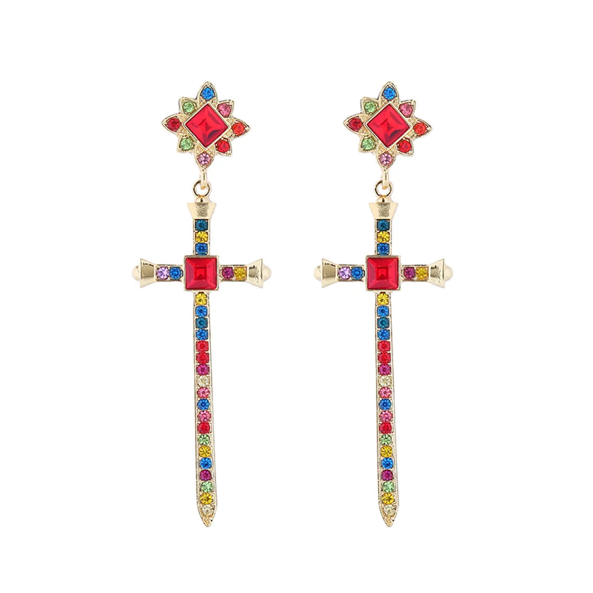 Vintage Style Artistic Cross Alloy Plating Inlay Rhinestones Gold Plated Women's Drop Earrings