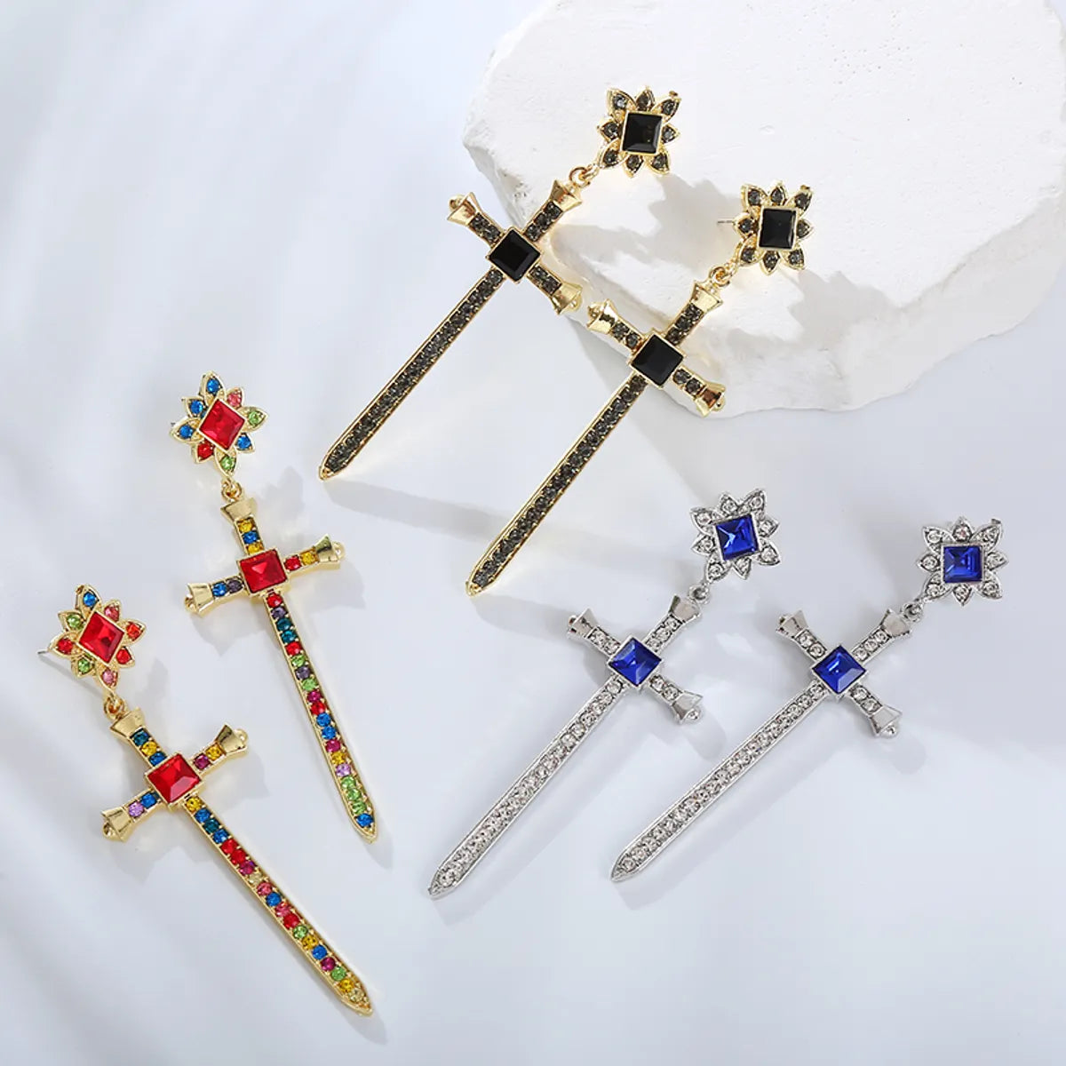 Vintage Style Artistic Cross Alloy Plating Inlay Rhinestones Gold Plated Women's Drop Earrings