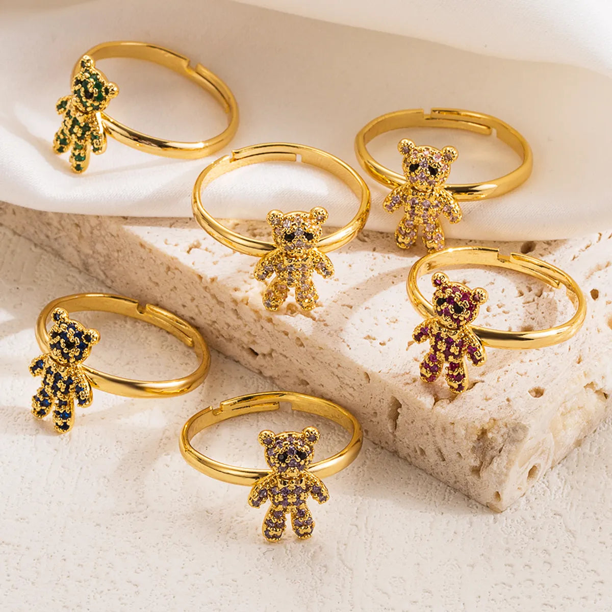 Vintage Style Bear Copper 14k Gold Plated Zircon Open Rings In Bulk