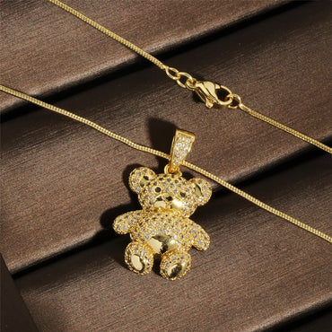 Vintage Style Bear Copper Plating Inlay Zircon 18k Gold Plated Pendant Necklace