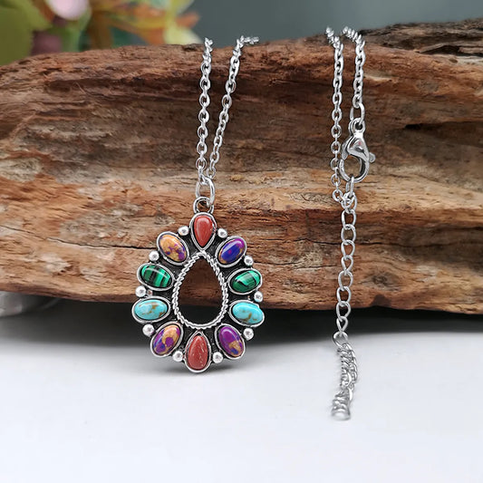 Vintage Style Bohemian Oval Stainless Steel Alloy Plating Inlay Turquoise Silver Plated Pendant Necklace