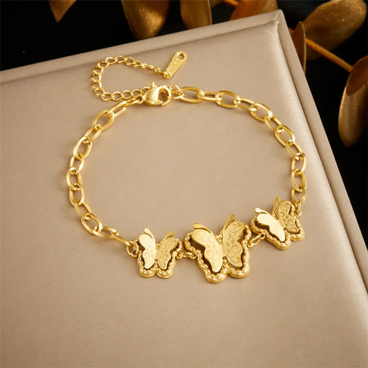 Vintage Style Butterfly 304 Stainless Steel 18K Gold Plated Bracelets In Bulk