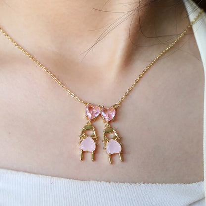 Vintage Style Cartoon Character Doll Heart Shape Copper Plating Inlay Zircon Pendant Necklace