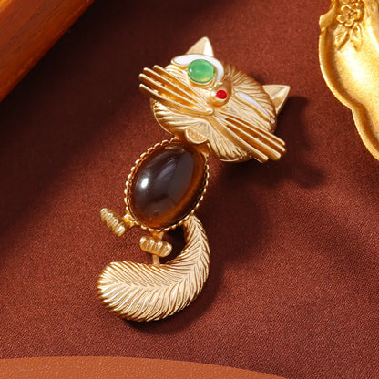 Vintage Style Cat Alloy Inlay Rhinestones Tiger Eye Unisex Corsage Brooches