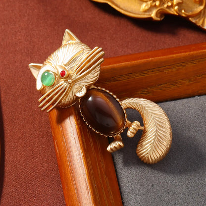 Vintage Style Cat Alloy Inlay Rhinestones Tiger Eye Unisex Corsage Brooches