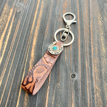 Vintage Style Cattle Flower Pu Leather Inlay Turquoise Unisex Bag Pendant Keychain