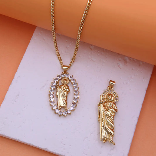 Vintage Style Classic Style Portrait St Jude Copper 18k Gold Plated Zircon Pendant Necklace In Bulk